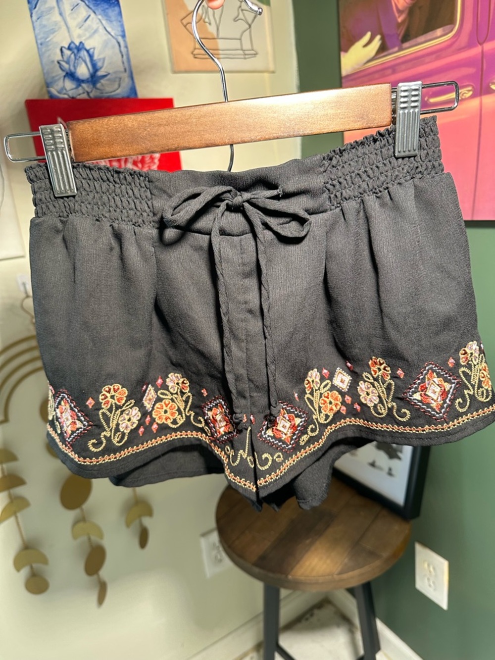 Free People Black Embroidered High Waist Shorts